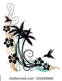 Palm trees with wave, hibiscus and hummingbirds..