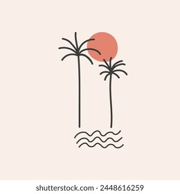 Palm trees, waves, sun, vector card boho design. Linear sketch in minimal style marine landscape. Template for logo, templates in trendy Bohemian style peach colour. Abstract art sea sign, design card