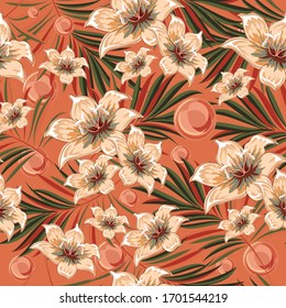Palm trees with white blooming tropical flowers. Seamless pattern. Season of summer holidays and vacations. Vector image.