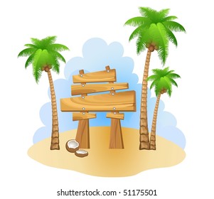 Palm trees and wooden sign