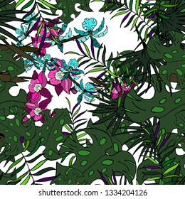 Palm trees,tropical plants.  Seamless pattern. Vector illustration.