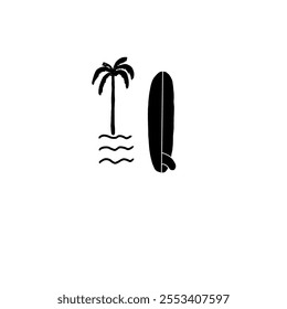 palm tree,waves and surfboard logo