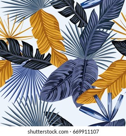 Palm tropic leaves in an abstract blue and gold color. Seamless vector beach wallpaper pattern on white background