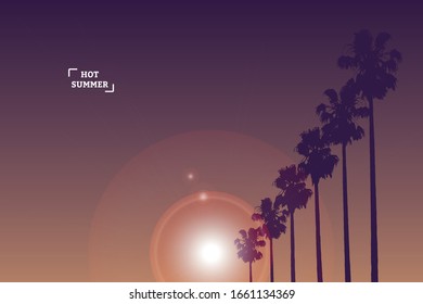 Palm tropic silhouettes in sunset. Poster template design 