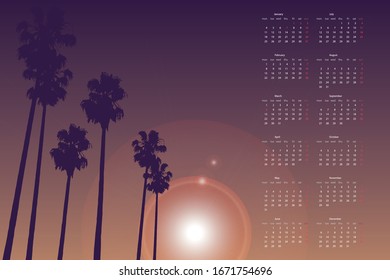 Palm tropic sunset calendar 2021. Poster template design 