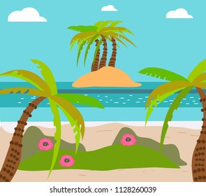 Palm and tropical beach, island, exotic flowers, flat vector lagoon