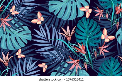 Palm tropical leaves, butterflies and Lily flowers on a seamless exotic background. Summer price tag, big discount, sale, greeting card, cosmetics label, textile background, holidays: Birthday, weddin