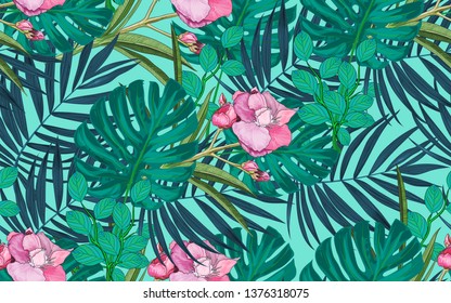 Palm tropical leaves and oleander flowers on a seamless exotic background. Summer price tag, big discount, sale, greeting card, cosmetics label, textile background, holidays: Birthday, wedding, party