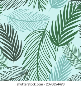 Palm tropical pattern, vector illustration. Green palm leaves seamless background. Deciduous exotic modern template for wallpaper, fabric, packaging.