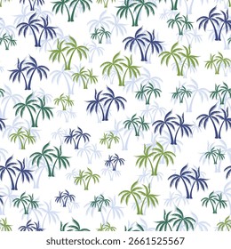 Palm tropical seamless pattern. Fabric print with trees. Natural vector background design. Hawaii style wallpaper. Cartoon palm tree rainforest seamless pattern.