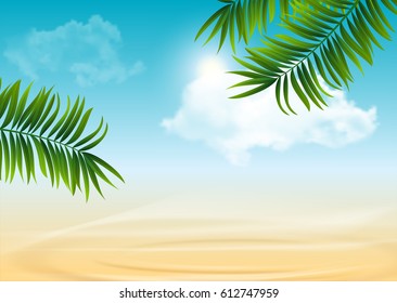 Palm and tropical summer vector beach background with clouds ans bright sun