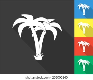 palm tropical tree icon - gray and colored (blue, yellow, red, green) vector illustration with long shadow