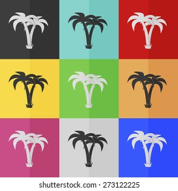 Palm tropical tree vector icon - colored set. Flat design