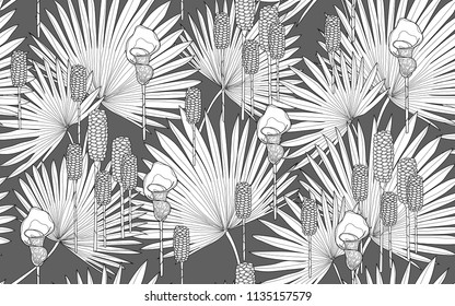 Palm and tumeric flowers. Big leaves and exotic flowers composition. Vector illustration. Botanical seamless wallpaper. Digital nature art. Cartoon style sketch. Grey background.