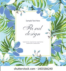 Palm vector card. Floral design. Template. Blank wedding invitation, greeting card, banner. Flowers, leafs, pink rose. Decorative frame. 