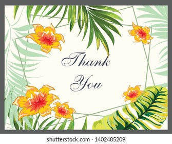 Palm vector card. Template. Blank wedding invitation, greeting card, banner. Flowers, leafs, pink rose. Decorative frame.