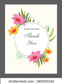 Palm vector card. Template. Blank wedding invitation, greeting card, banner. Flowers, leafs, pink rose. Decorative frame.