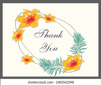Palm vector card. Template. Blank wedding invitation, greeting card, banner. Flowers, leafs, pink rose. Decorative frame.
