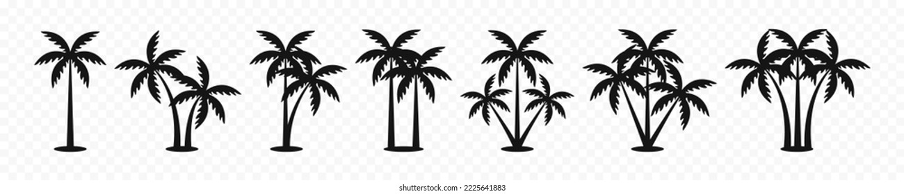 Palm vector icons. Palm silhouettes. Flat black palm trees set isolated on white background. Tropical tree icons. Vector
