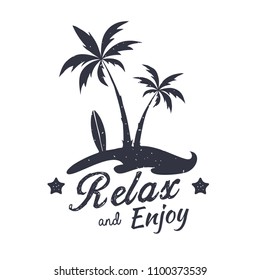 Palm vector illustration. Relax and Enjoy. Summer graphic emblem. Design for t-shirt.