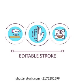 Palm vein scan loop concept icon. Biometric security method abstract idea thin line illustration. Authentication process. Hand scanner. Isolated outline drawing. Editable stroke. Arial font used