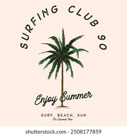 Palm vibes beach club. Palm beach paradise club artwork. Sunshine paradise graphic print design. Enjoy beach life. Summer vibes artwork. Surf club design. Big wave artwork.