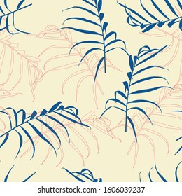 Palm vintage leaves on the yellow background. Seamless pattern with tropical plants. Hand Drawn textures. Ideal for web, card, poster, cover, invitation, brochure. Isolated.