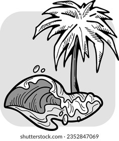 Palm and wave composition. Travel holiday, dream lagoon, spa resort, summer vacation, tropical paradise, ocean coast, sea shore design element. Hand drawn illustration, cartoon comic style vector.