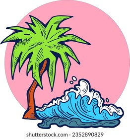 Palm und Wellenkomposition. Reiseurlaub, Traumlagune, Kurort, Sommerurlaub, tropisches Paradies, Meeresküste, Meeresküste Design Element an der Küste. Handgezeichnete Illustration, Comic-Vektorgrafik.