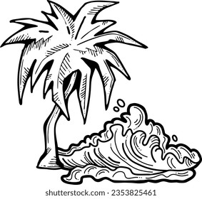 Palm and wave composition. Travel holiday, dream lagoon, spa resort, summer vacation, tropical paradise, ocean coast, sea shore design element. Hand drawn illustration, cartoon comic style vector.