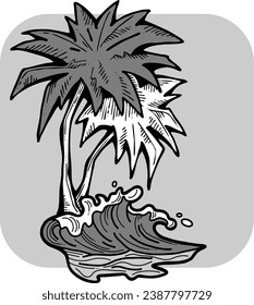 Palm and wave composition. Travel holiday, dream lagoon, spa resort, summer vacation, tropical paradise, ocean coast, sea shore design element. Hand drawn illustration, cartoon comic style vector.