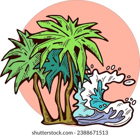 Palm and wave composition. Travel holiday, dream lagoon, spa resort, summer vacation, tropical paradise, ocean coast, sea shore design element. Hand drawn illustration, cartoon comic style vector.