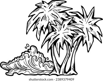 Palm and wave composition. Travel holiday, dream lagoon, spa resort, summer vacation, tropical paradise, ocean coast, sea shore design element. Hand drawn illustration, cartoon comic style vector.