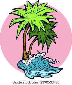 Palm and wave composition. Travel holiday, dream lagoon, spa resort, summer vacation, tropical paradise, ocean coast, sea shore design element. Hand drawn illustration, cartoon comic style vector.