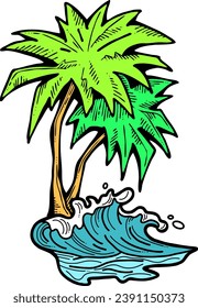 Palm and wave composition. Travel holiday, dream lagoon, spa resort, summer vacation, tropical paradise, ocean coast, sea shore design element. Hand drawn illustration, cartoon comic style vector.