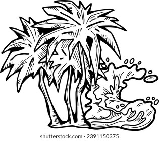 Palm and wave composition. Travel holiday, dream lagoon, spa resort, summer vacation, tropical paradise, ocean coast, sea shore design element. Hand drawn illustration, cartoon comic style vector.