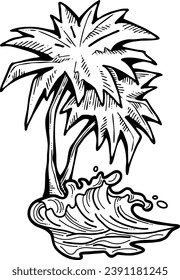 Palm and wave composition. Travel holiday, dream lagoon, spa resort, summer vacation, tropical paradise, ocean coast, sea shore design element. Hand drawn illustration, cartoon comic style vector.