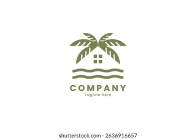 Palm and wave house logo template. Vector illustration. Creative Minimalist design template. Symbol for Corporate Business Identity