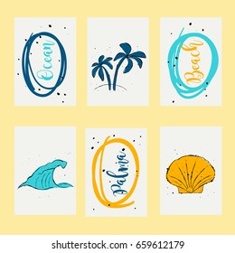 Palm, wave and shell. Vector design templates for journal cards, scrapbooking cards, greeting cards, gift cards, patterns, blogging. 