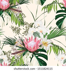 Palm and white monstera leaves, exotic protea flowers seamless pattern, tropical foliage, branch, greenery. Decorative background in rustic style for wedding invite, fabric. Light yellow background.
