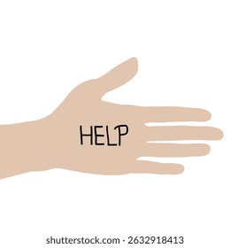 Palm of a woman with the inscription help