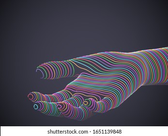 Palm woven from multicolored glowing digital threads. Assistance or inviting gesture. Concept of online support. Information technology or artificial intelligence background. Vector illustration.