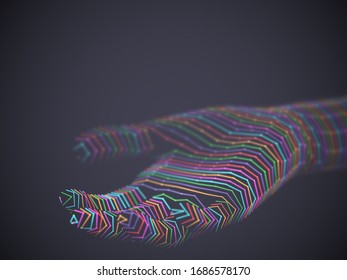 Palm woven from multicolored glowing digital threads. Concept of online support: assistance or inviting gesture. Information technology or artificial intelligence background. Vector illustration.