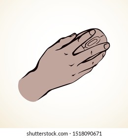 Palm wrist on white background. Line closeup e-commerce note key workspace use logo. User input logo pictogram drawn in modern art doodle cartoon style on desk space for text. Close up top gadget view