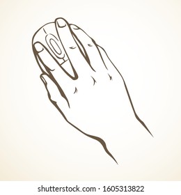 Palm wrist on white desk background. Line e-commerce key workspace use logo. Outline black drawn user input pictogram in modern art doodle cartoon style pen on paper space for text. Close up top view