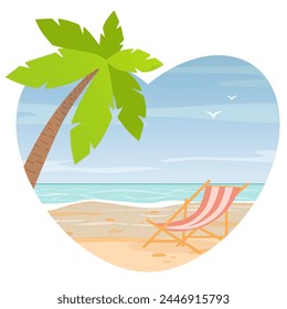 Palma, beach, sun lounger and sea in the shape of a heart. New fashionable realistic sand and sea texture. Seasonal calling, weekend, holiday logo. Fashionable style