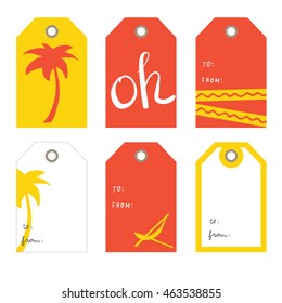 Palma, chaise longue.  Set of 6  creative tags  templates with marine theme design.  Red and yellow