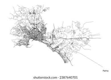 Palma city map with roads and streets, Spain. Vector outline illustration.