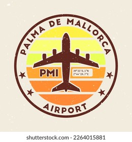 La insignia del aeropuerto de Palma de Mallorca. Banda redonda con rayas vintage, forma de avión, código IATA del aeropuerto y coordenadas GPS. Ilustración vectorial con clase.