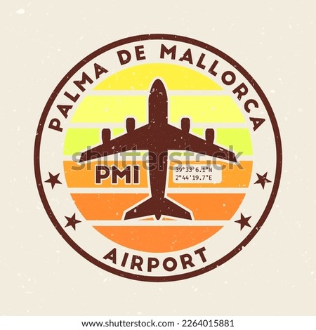 Palma De Mallorca airport insignia. Round badge with vintage stripes, airplane shape, airport IATA code and GPS coordinates. Classy vector illustration. Stock photo © 